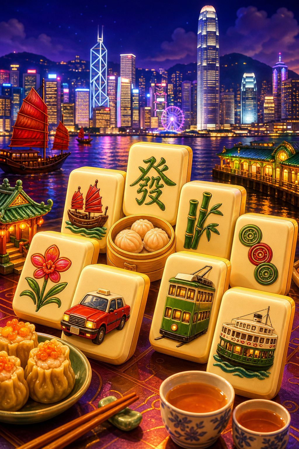 港雀 3D game concept:香港夜景、麻雀牌、點心、的士、電車與渡輪