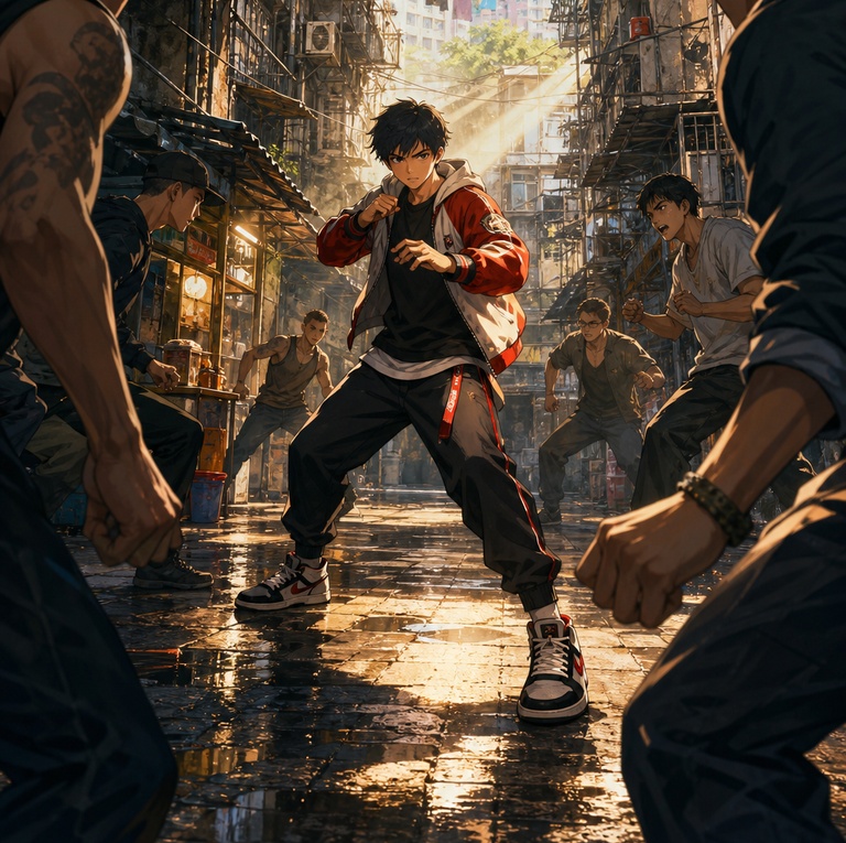 九龍城寨午後的 2D 動作遊戲主角被敵人包圍