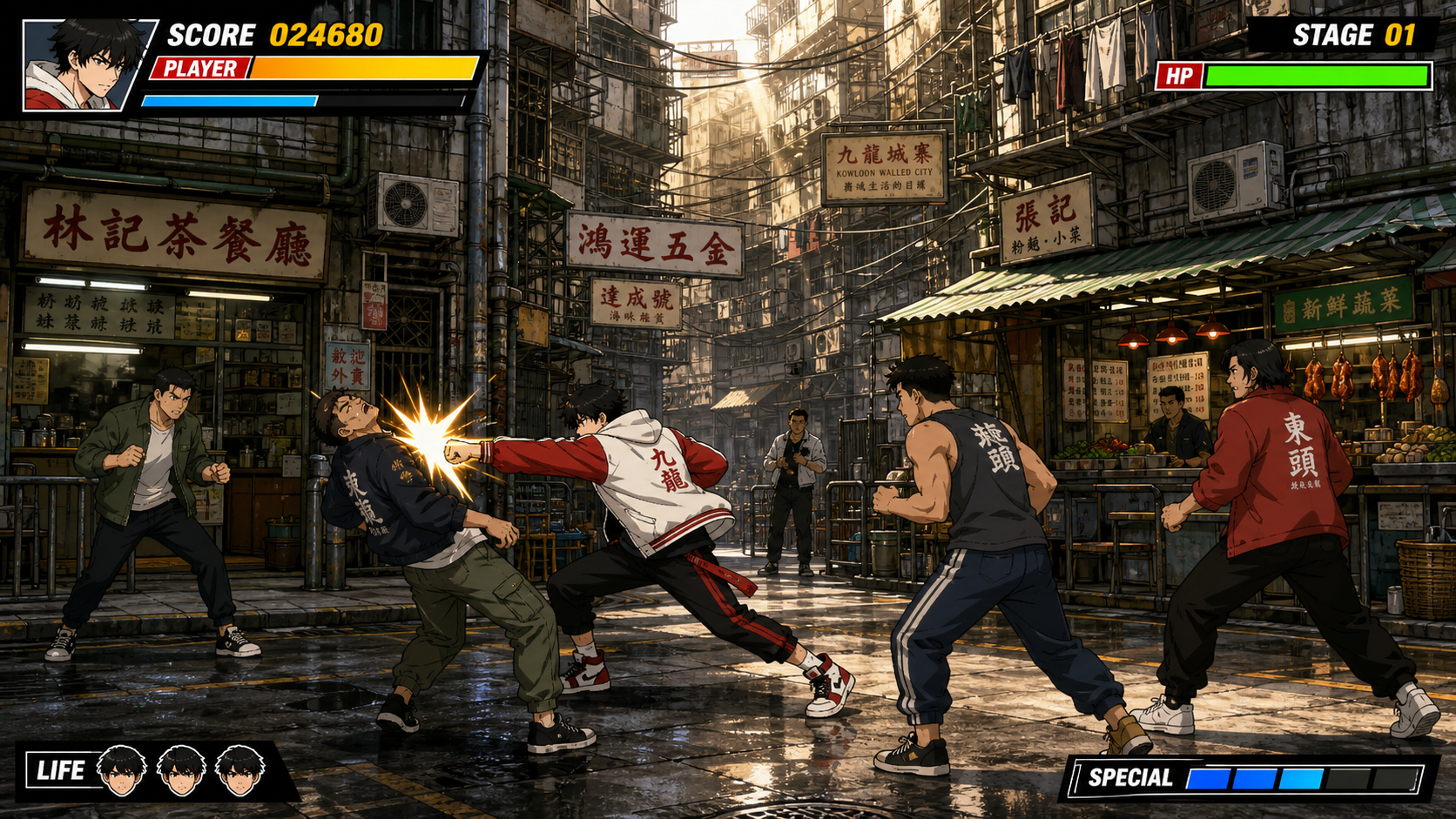 城寨午後 2D 動作遊戲 gameplay screenshot,主角喺九龍城寨街道同敵人戰鬥
