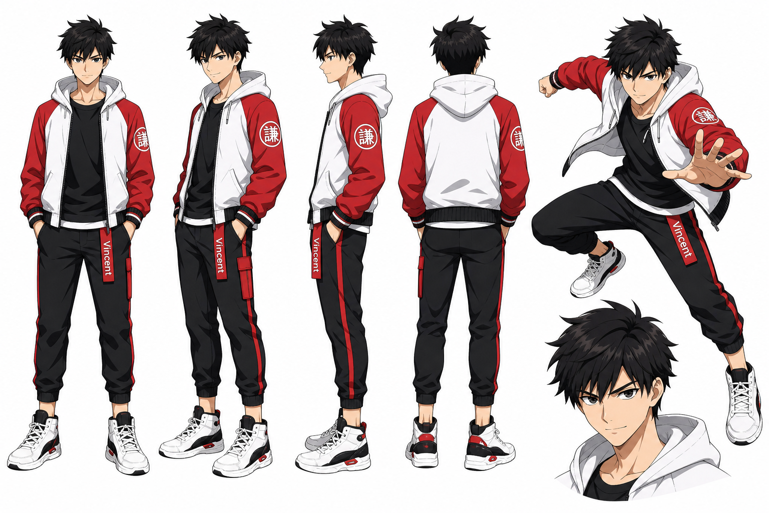 城寨午後主角 character sheet,展示角色正面、側面與動作設計
